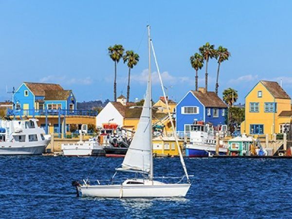A sunny harbor scene with a white sailboat on blue water, colorful quaint houses in the background, and palm trees lining the shore.