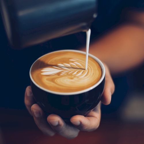 A barista pours latte art into a dark cup, creating a delicate leaf pattern on creamy espresso milk.