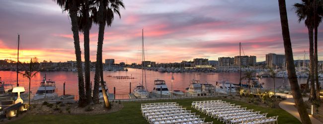 A scenic sunset over a wharf with calm water, palm trees, and a pier walkway, ending with a graceful horizon.