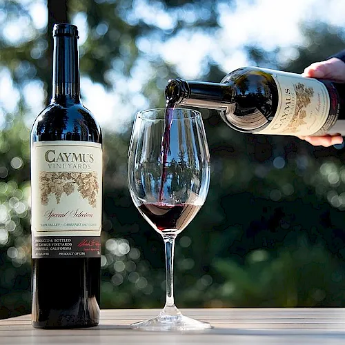 A person pours red wine from a bottle into a glass outdoors, with a second bottle standing on a table.
